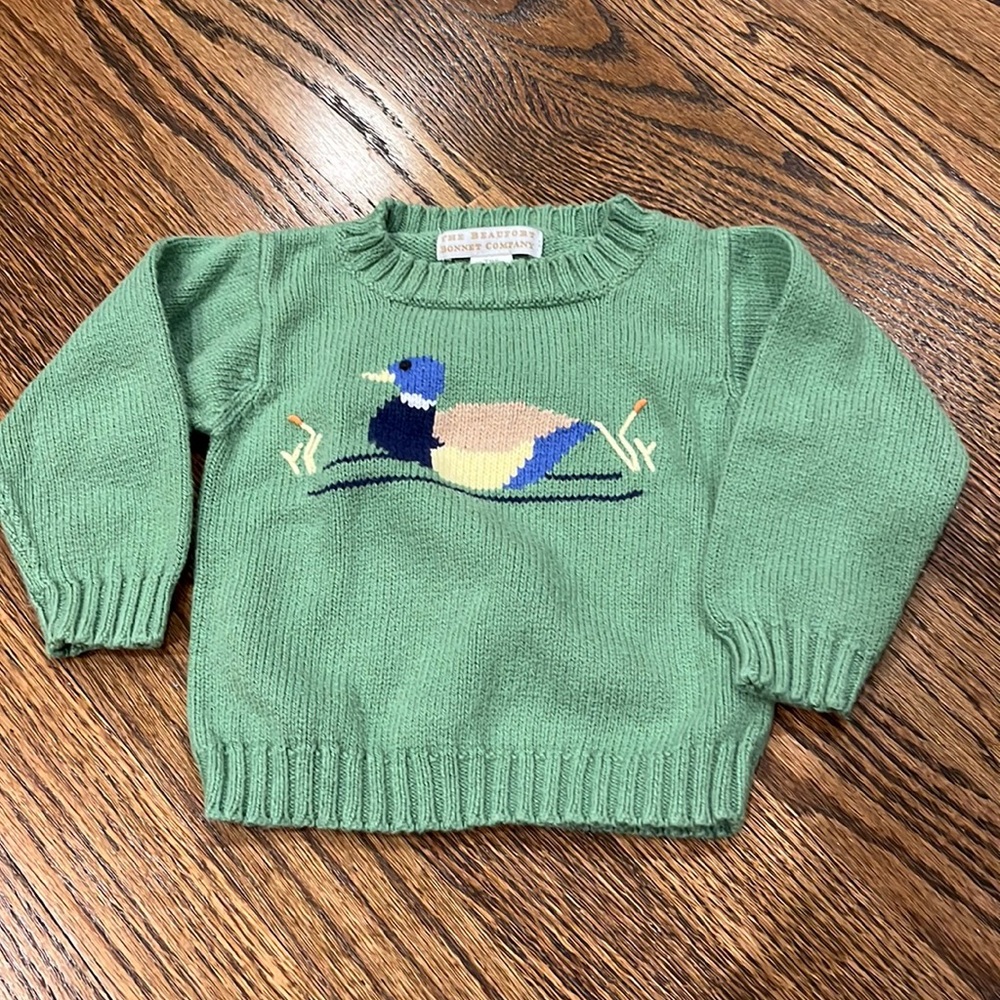 COPY - The Beaufort Bonnet Company Green Sweater with Duck design, 6/12 M